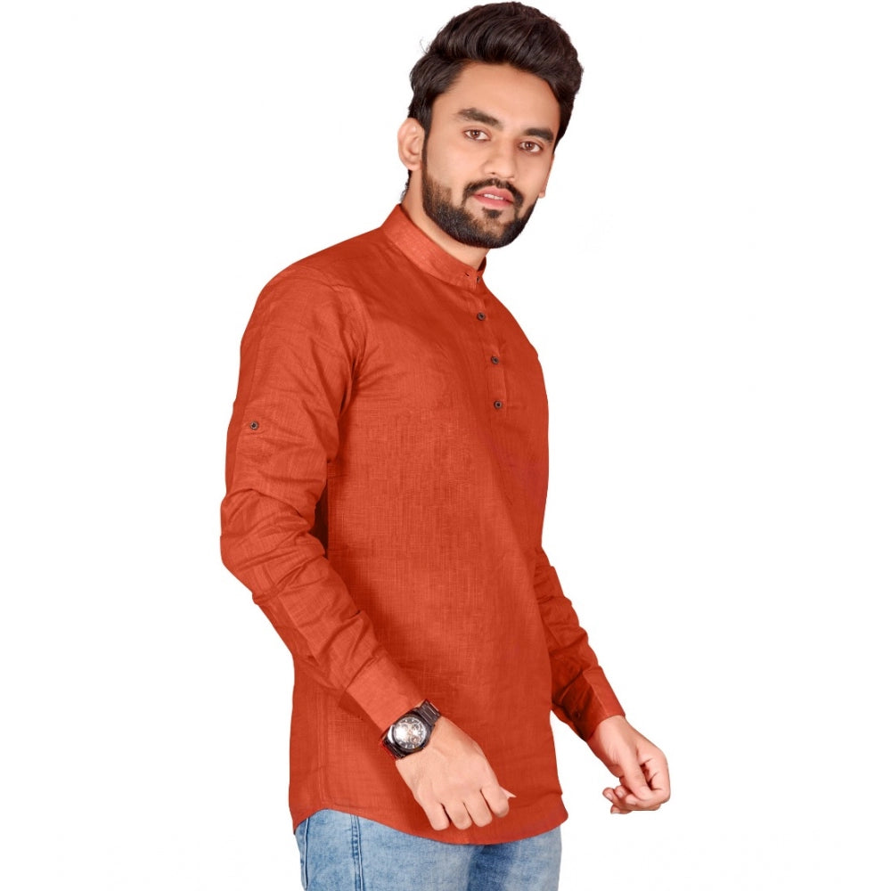 Generic Men's Cotton Solid Full Sleeve Short Kurta (Orange)