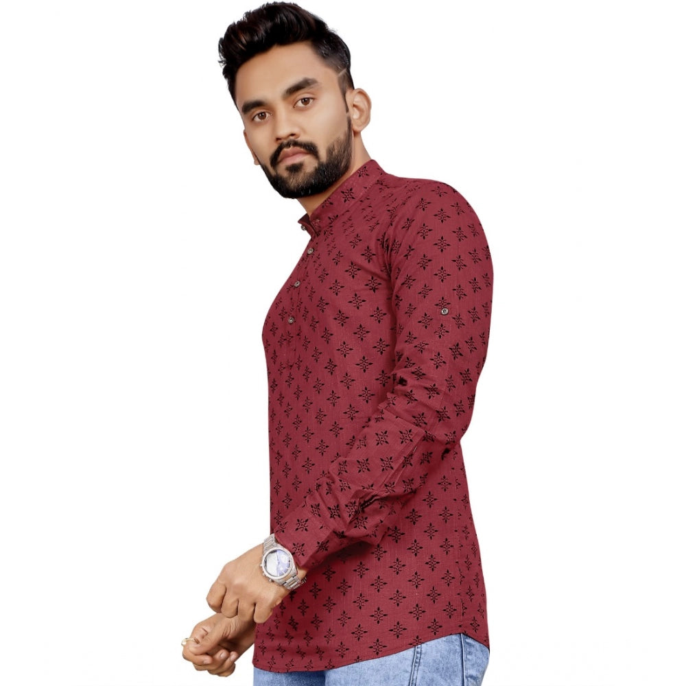 Generic Men's Cotton Printed Full Sleeve Short Kurta (Maroon)