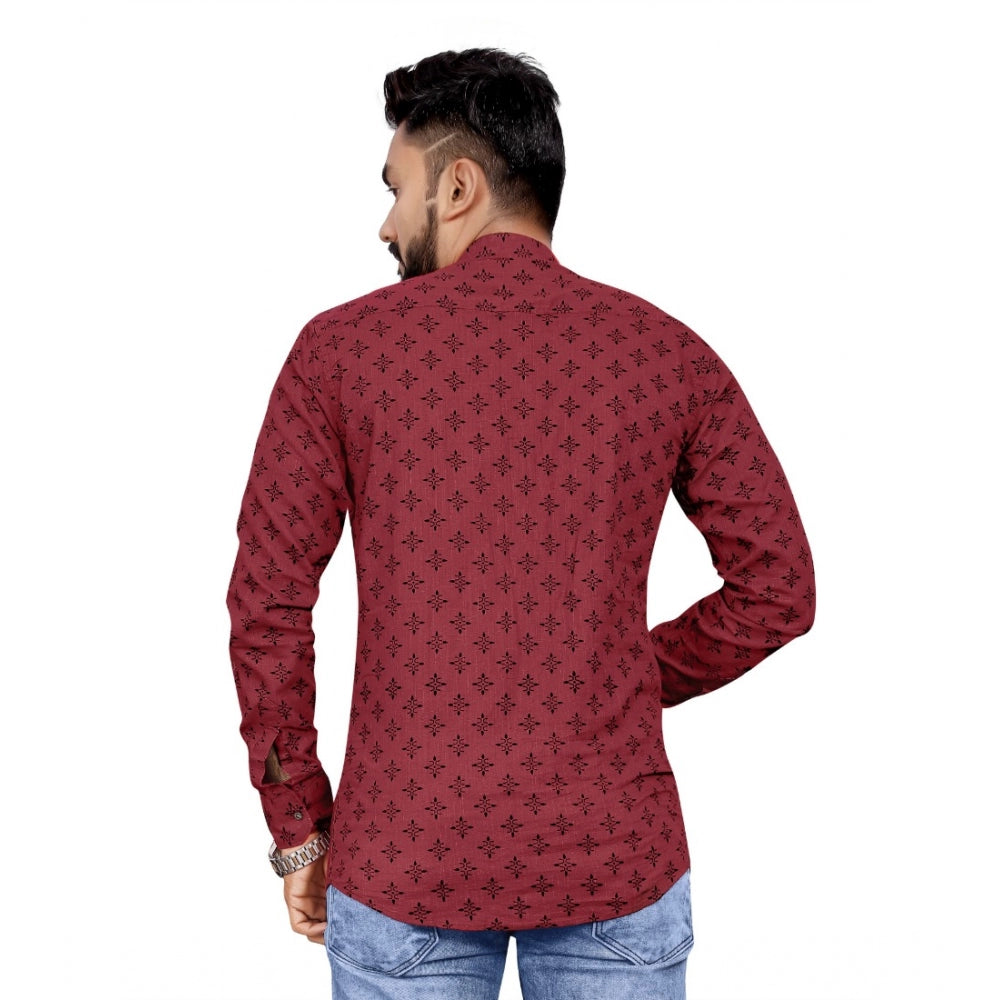 Generic Men's Cotton Printed Full Sleeve Short Kurta (Maroon)