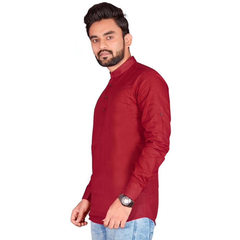 Generic Men's Cotton Solid Full Sleeve Short Kurta (Maroon)