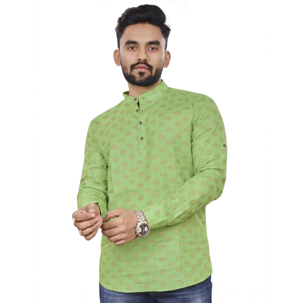 Generic Men's Cotton Printed Full Sleeve Short Kurta (Green)