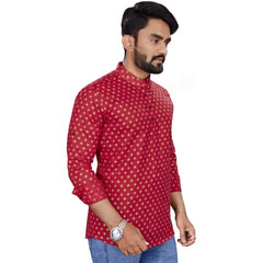 Generic Men's Cotton Printed Full Sleeve Short Kurta (Red)