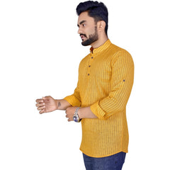 Generic Men's Cotton Blend Printed Full Sleeve Short Kurta (Yellow)