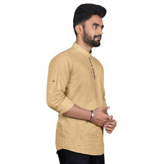 Generic Men's Cotton Solid Full Sleeve Short Kurta (Beige)