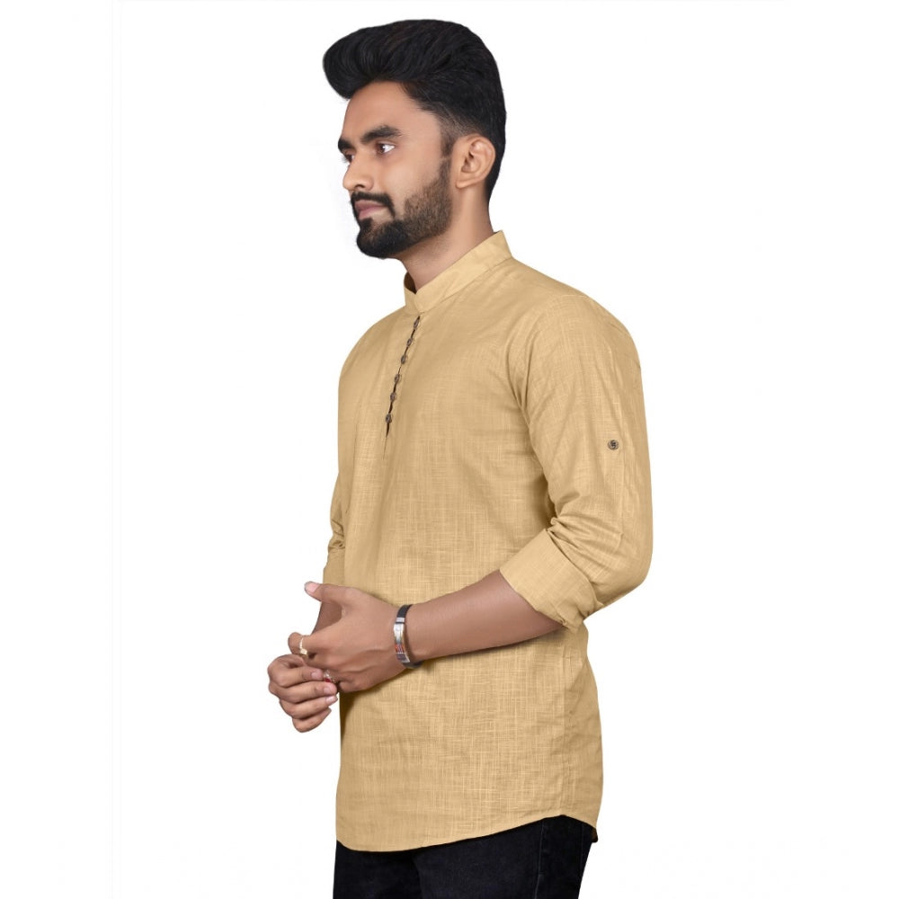 Generic Men's Cotton Solid Full Sleeve Short Kurta (Beige)