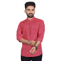 Generic Men's Cotton Solid Full Sleeve Short Kurta (Pink)