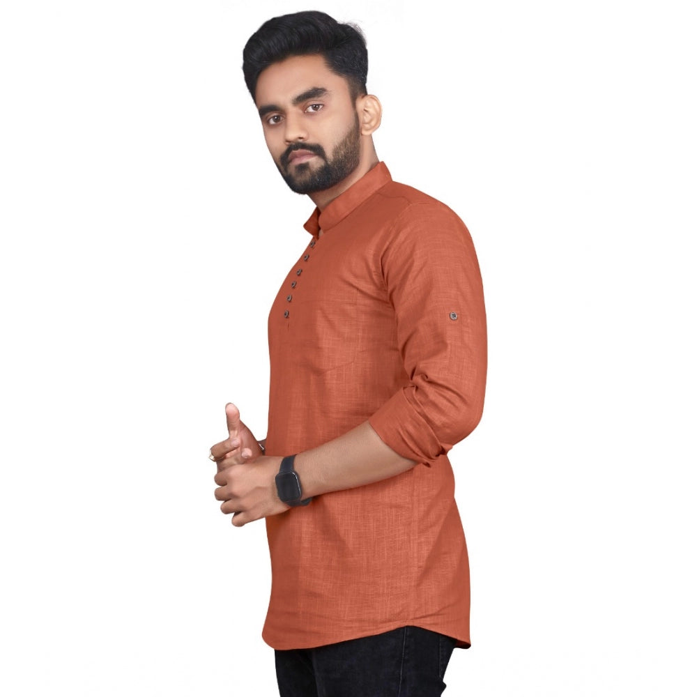 Generic Men's Cotton Solid Full Sleeve Short Kurta (Orange)