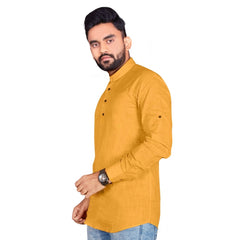 Generic Men's Cotton Solid Full Sleeve Short Kurta (Yellow)