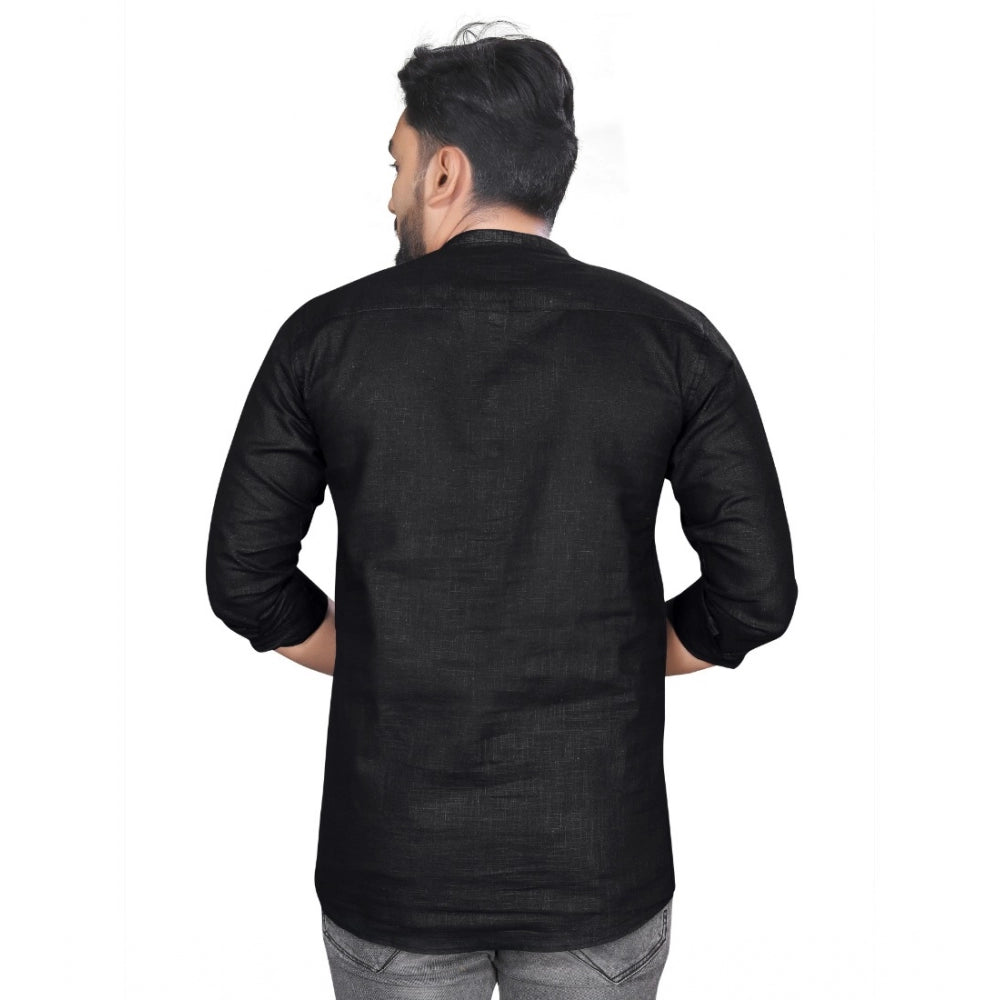 Generic Men's Cotton Solid Full Sleeve Short Kurta (Black)