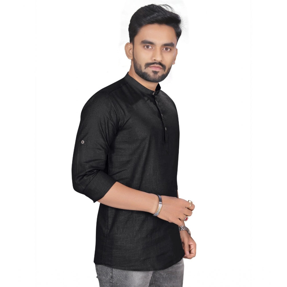 Generic Men's Cotton Solid Full Sleeve Short Kurta (Black)