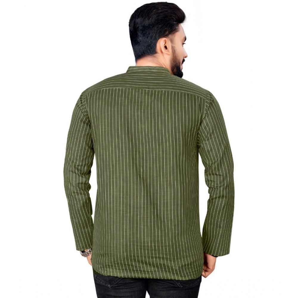 Generic Men's Cotton Striped Pattern Full Sleeve Short Kurta (Green)