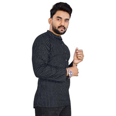 Generic Men's Cotton Striped Pattern Full Sleeve Short Kurta (Black)