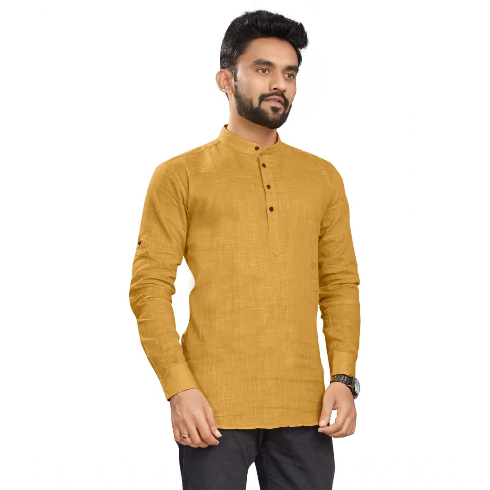 Generic Men's Cotton Solid Full Sleeve Short Kurta (Yellow)