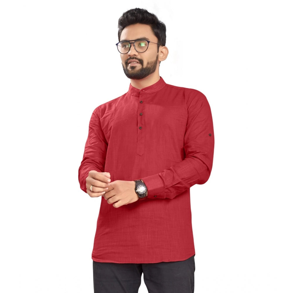 Generic Men's Cotton Solid Full Sleeve Short Kurta (Red)