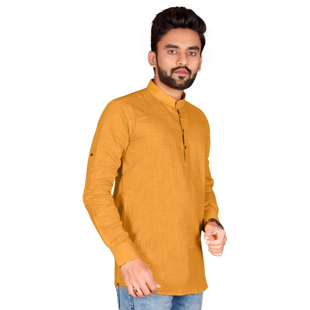 Generic Men's Cotton Solid Full Sleeve Short Kurta (Yellow)