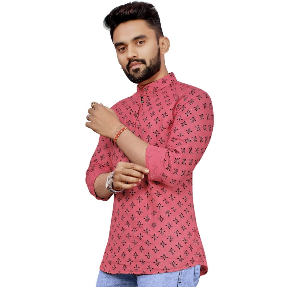 Generic Men's Cotton Printed Full Sleeve Short Kurta (Pink)