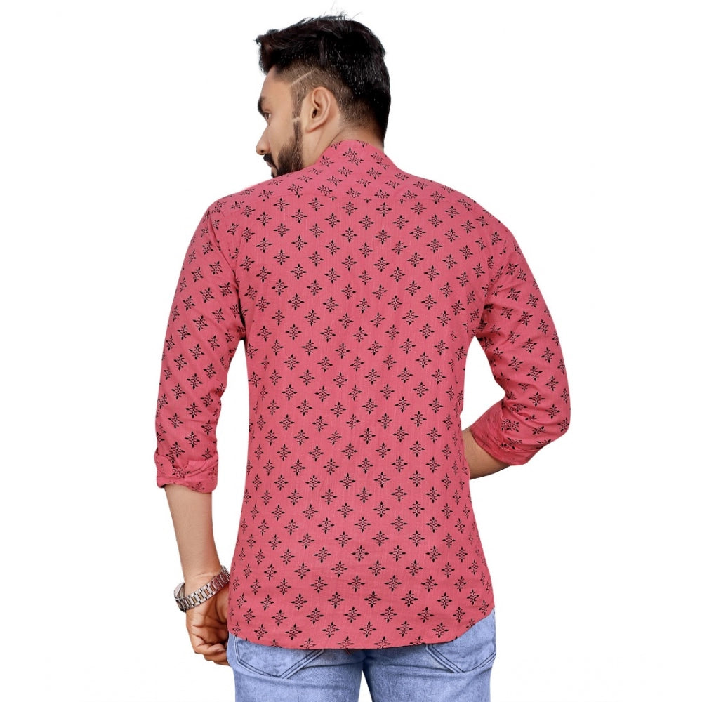 Generic Men's Cotton Printed Full Sleeve Short Kurta (Pink)