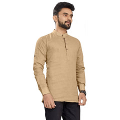 Generic Men's Cotton Solid Full Sleeve Short Kurta (Beige)