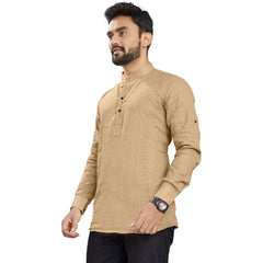 Generic Men's Cotton Solid Full Sleeve Short Kurta (Beige)