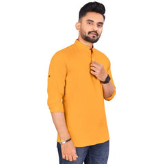 Generic Men's Cotton Printed Full Sleeve Short Kurta (Yellow)