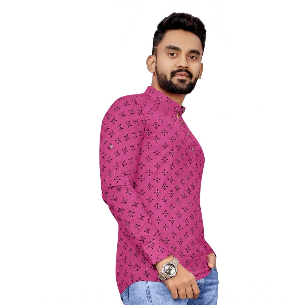 Generic Men's Cotton Printed Full Sleeve Short Kurta (Pink)