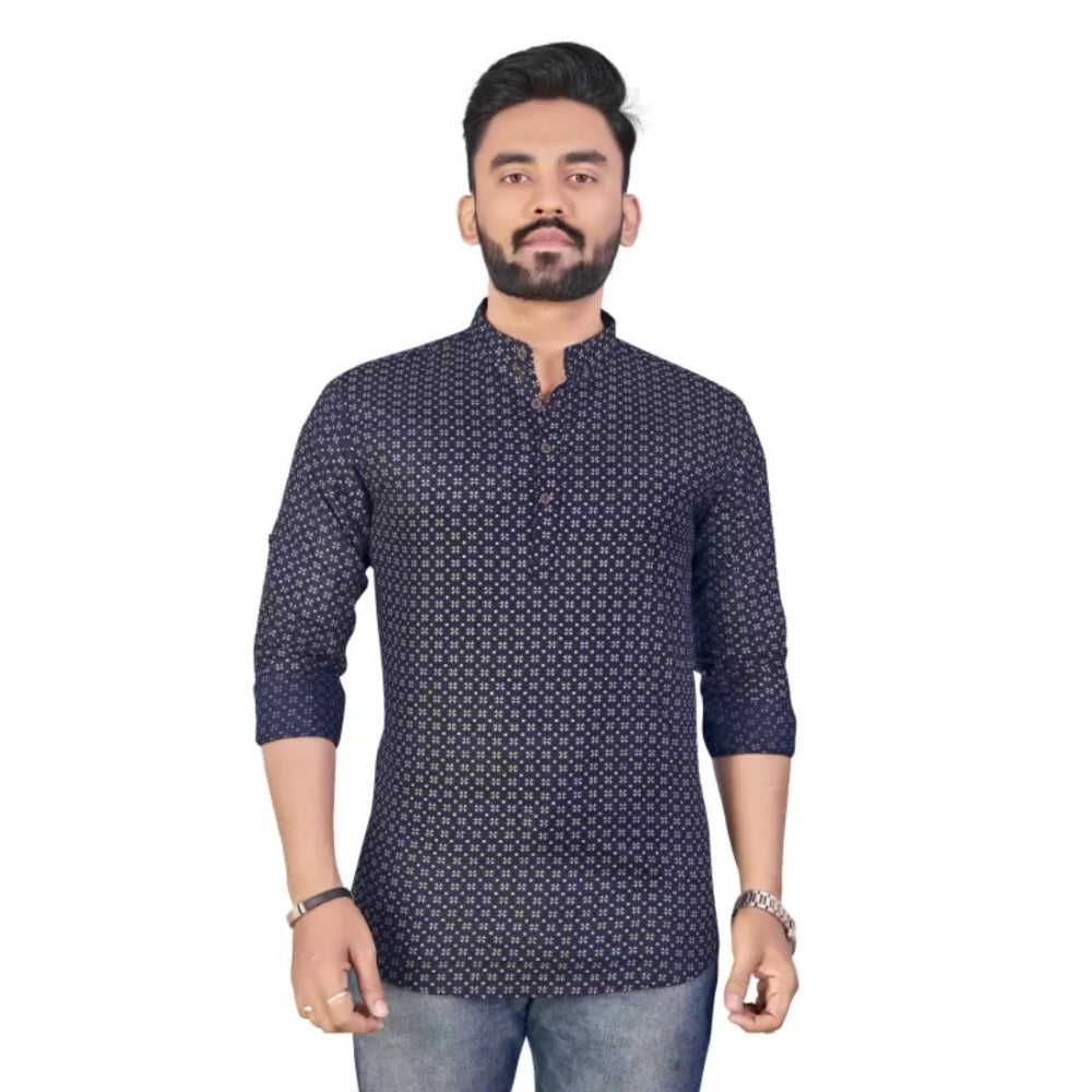 Generic Men's Cotton Printed Full Sleeve Short Kurta (Navy Blue)