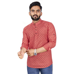 Generic Men's Cotton Printed Full Sleeve Short Kurta (Pink)