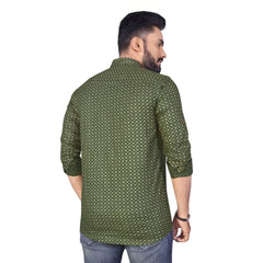 Generic Men's Cotton Blend Geometric Print Full Sleeve Short Kurta (Green)