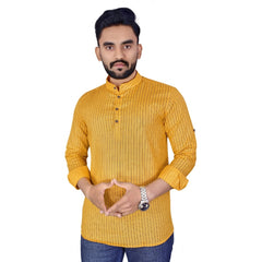 Generic Men's Cotton Blend Printed Full Sleeve Short Kurta (Yellow)