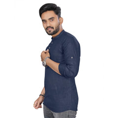 Generic Men's Cotton Solid Full Sleeve Short Kurta (Dark Blue)