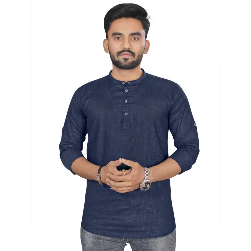 Generic Men's Cotton Solid Full Sleeve Short Kurta (Dark Blue)