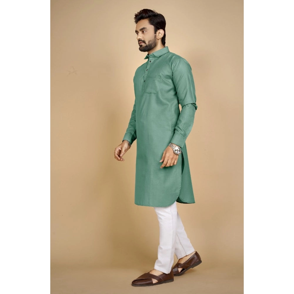 Generic Men's Cotton Blend Solid Full Sleeve Knee Length Kurta (Green)