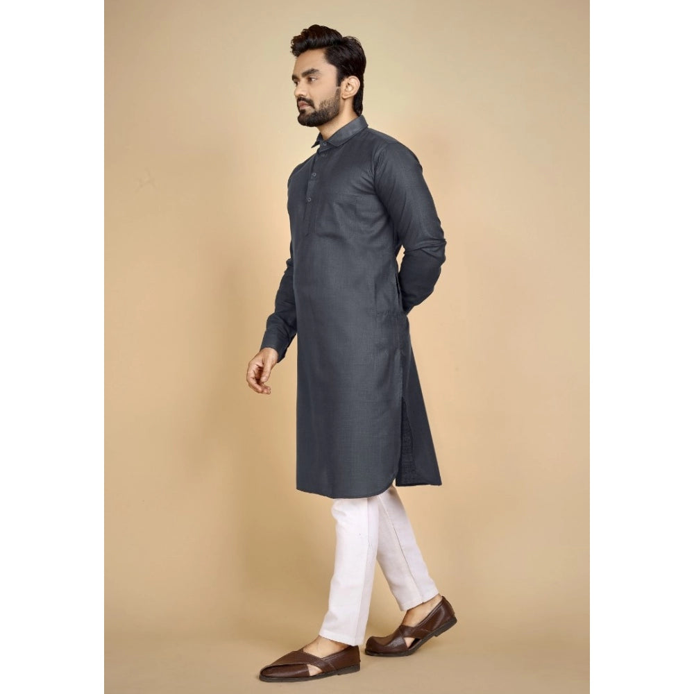 Generic Men's Cotton Blend Solid Full Sleeve Knee Length Kurta (Black)