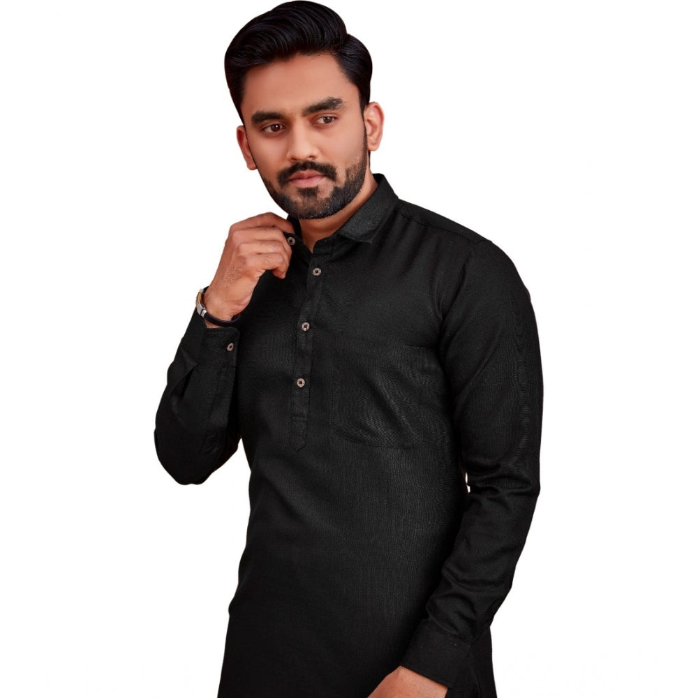 Generic Men's Cotton Blend Solid Full Sleeve Knee Length Kurta (Black)