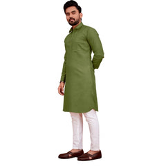 Generic Men's Cotton Blend Solid Full Sleeve Knee Length Kurta (Green)