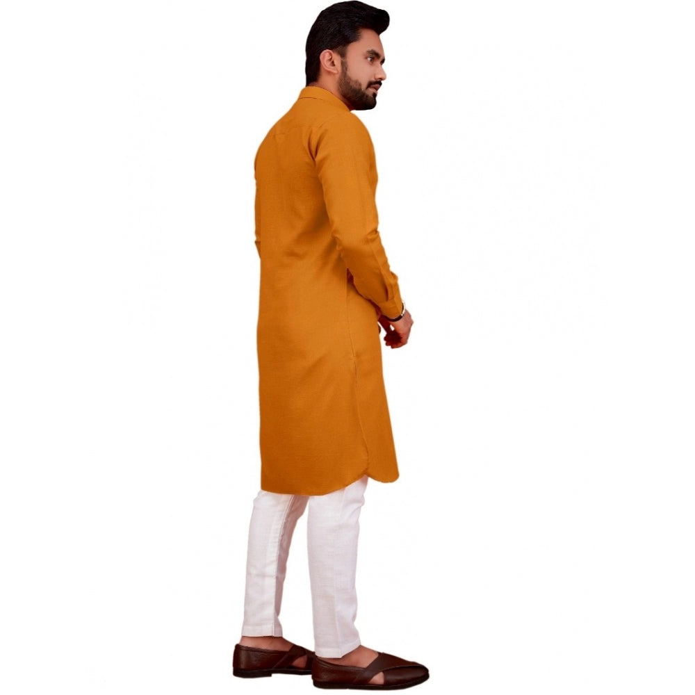 Generic Men's Cotton Blend Solid Full Sleeve Knee Length Kurta (Yellow)