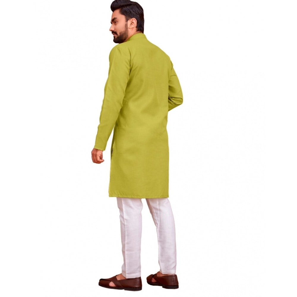 Generic Men's Cotton Blend Solid Full Sleeve Knee Length Kurta (Green)