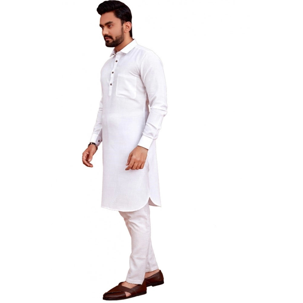 Generic Men's Cotton Blend Solid Full Sleeve Knee Length Kurta (White)