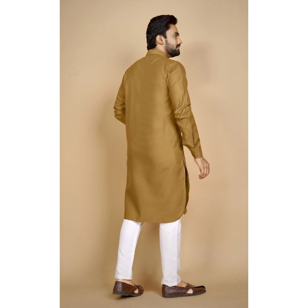 Generic Men's Cotton Blend Solid Full Sleeve Knee Length Kurta (Brown)