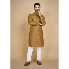 Generic Men's Cotton Blend Solid Full Sleeve Knee Length Kurta (Brown)