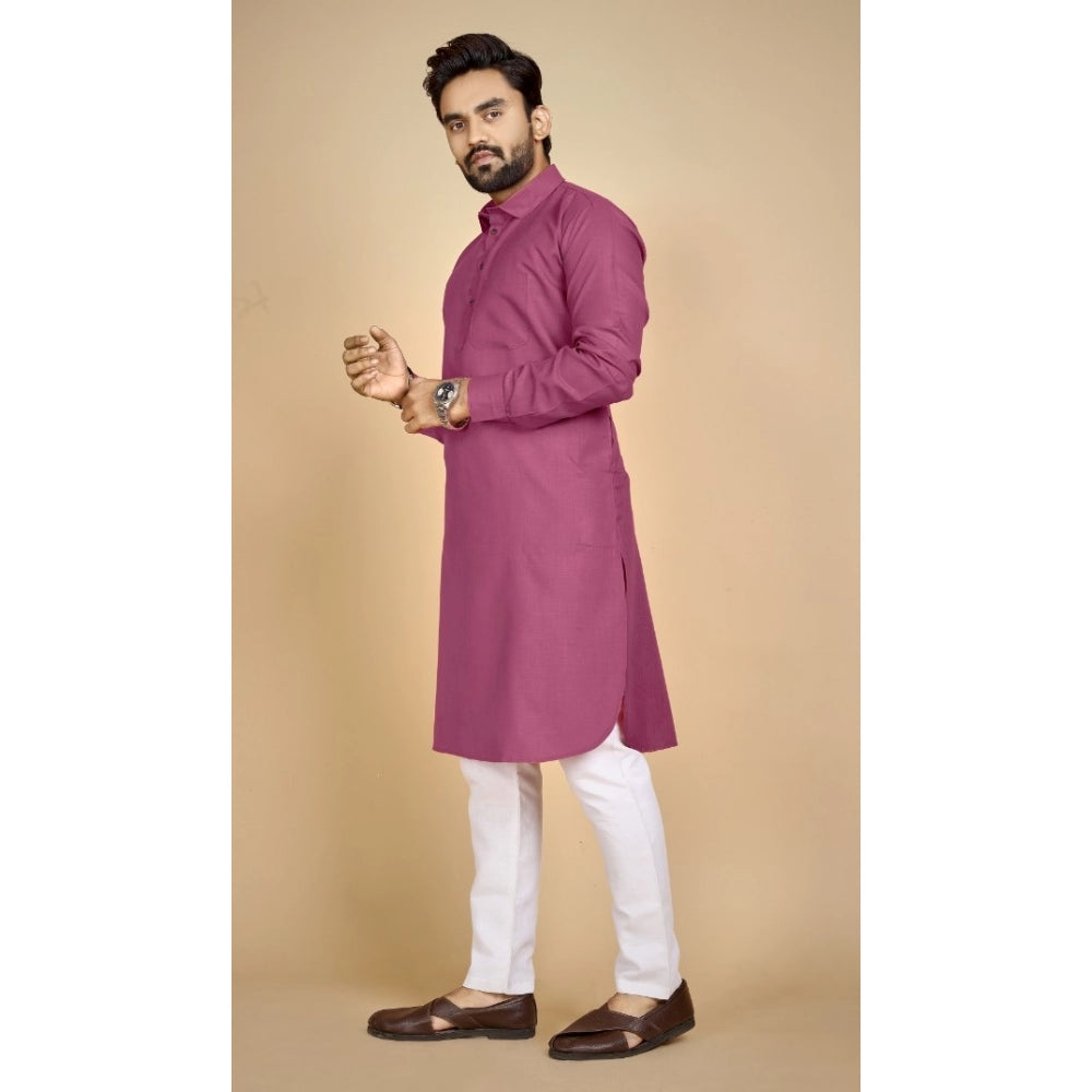 Generic Men's Cotton Blend Solid Full Sleeve Knee Length Kurta (Pink)