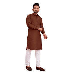 Generic Men's Cotton Blend Solid Full Sleeve Knee Length Kurta (Brown)