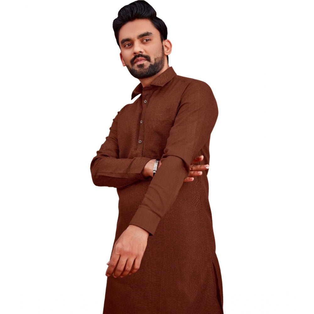 Generic Men's Cotton Blend Solid Full Sleeve Knee Length Kurta (Brown)