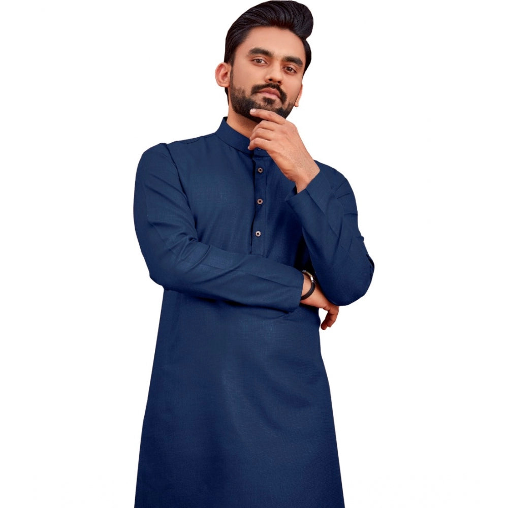 Generic Men's Cotton Blend Solid Full Sleeve Knee Length Kurta (Dark Blue)