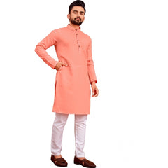 Generisches Herren-Kurta aus Baumwollmischung, einfarbig, lange Ärmel, knielang (Rosa)