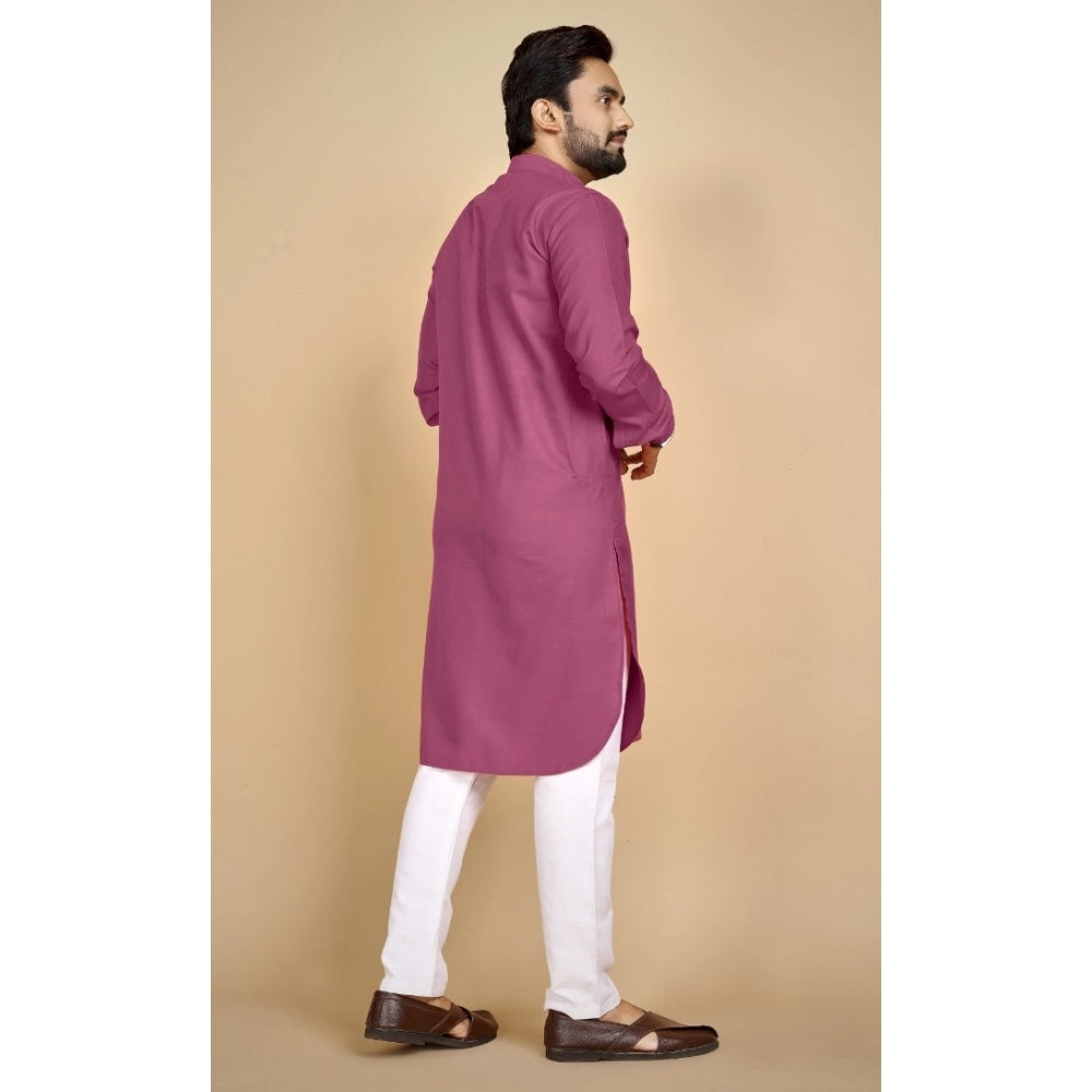 Generic Men's Cotton Blend Solid Full Sleeve Knee Length Kurta (Pink)