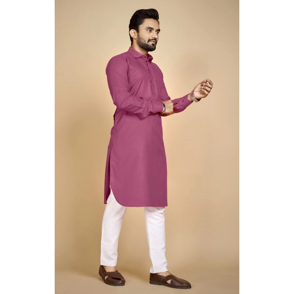 Generic Men's Cotton Blend Solid Full Sleeve Knee Length Kurta (Pink)