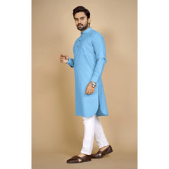 Generic Men's Cotton Blend Solid Full Sleeve Knee Length Kurta (Light Blue)