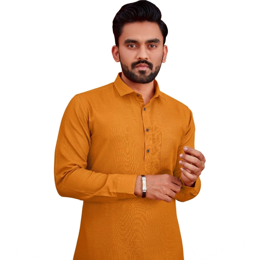 Generic Men's Cotton Blend Solid Full Sleeve Knee Length Kurta (Yellow)