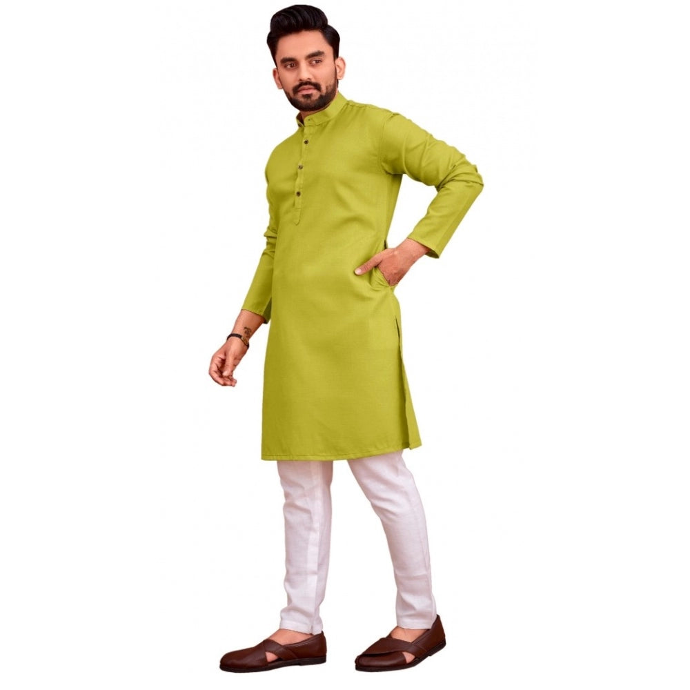 Generic Men's Cotton Blend Solid Full Sleeve Knee Length Kurta (Green)